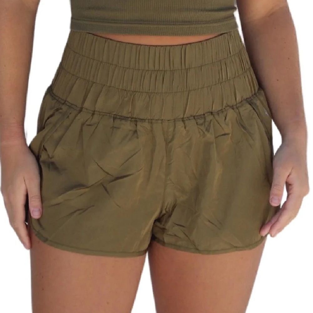 NWOT Free People Way Home Shorts Olive Green Workout High Rise Smocked S Gym